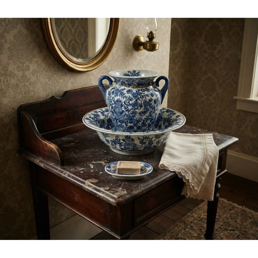 Blue and White Floral Crackle Glaze Ceramic Wash Basin and Pitcher Set